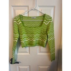 Stradivarius Green Chevron Cropped Top Long Sleeve Square Neck XS Fitted
